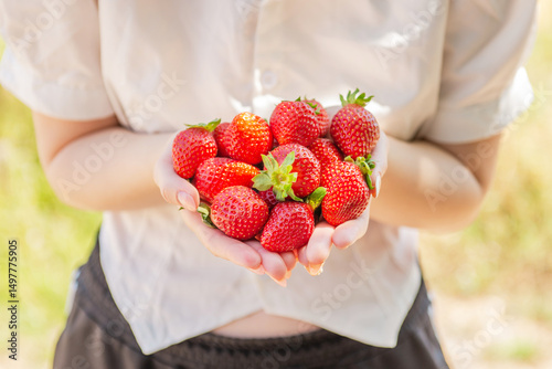 women hands holding out fresh juicy appetizing strawberries outdoors, selective focus. Harvest berries in hands close up. Healthy vitamin diet food and dessert