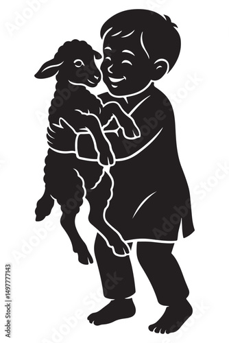 Illustration of boy holding lamb graphic design for children's book animal and kid friendship art silhouette, eid mubarak, eid ul adha
