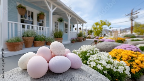 Charming Spring Scene with Easter Eggs and Vibrant Flowers photo