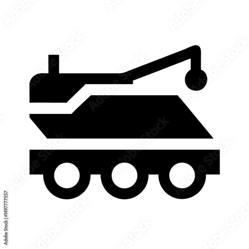 Tank recovery vehicle icon, black and white, for industrial design