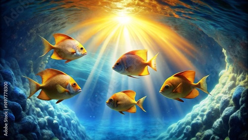 Radiant Sunbeams Illuminate a School of Golden Fish Swimming in a Vibrant Underwater Reefscape