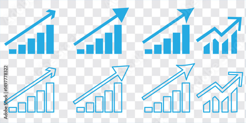increase chart icon set. growth up arrow graph vector symbol. economic stock market trend sign. profit or revenue rise icon. data forecast statistic sign. money investment growth symbol