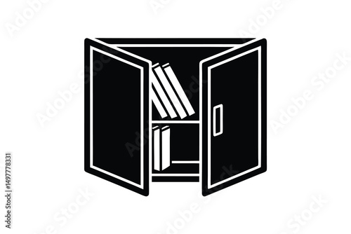 Open cabinet silhouette showing books and files inside