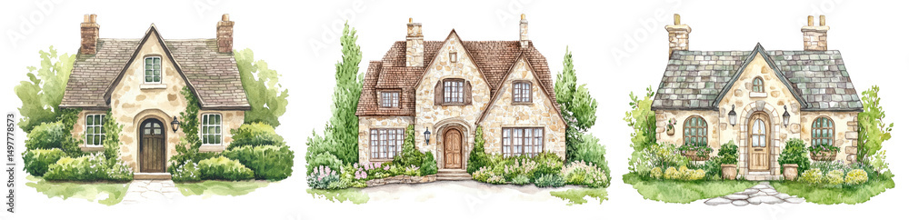 Fototapeta premium PNG Charming rustic cottage illustrations, element set on transparent background