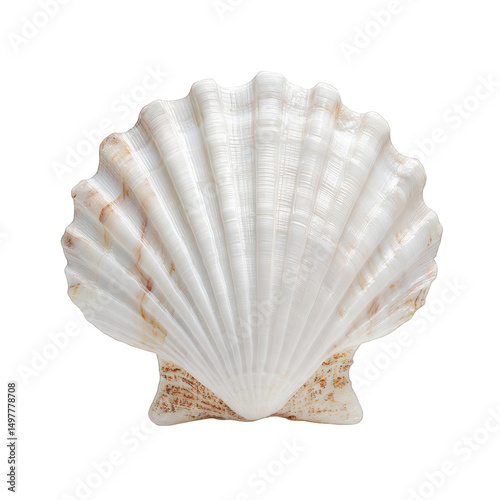 A close up of a white scallop shell with ridges and tan markings against a black background studio shot on transparent background photo