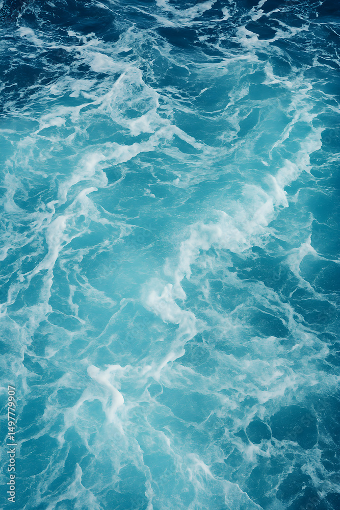 Obraz premium High-Resolution Aerial Shot of Swirling Sea Surface with White Foam Patterns and Vivid Blue Hues, Mighty Nature, Marine Background Concept, Bestseller