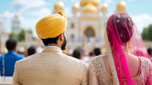 Couple in traditional attire, with vibrant backdrop of cultural landmark, exudes joy and celebration
