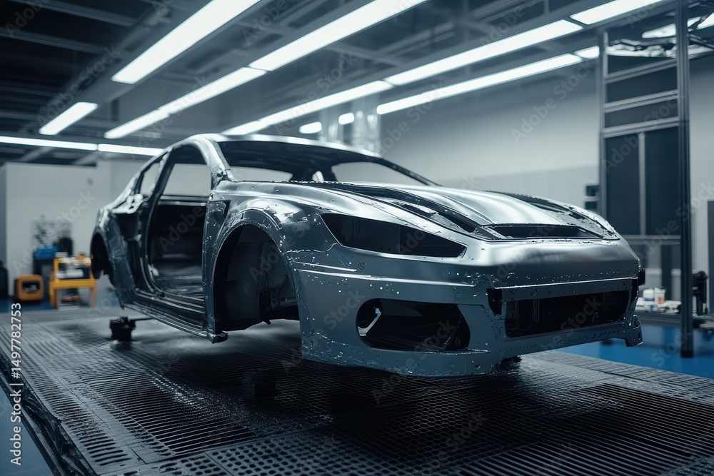 Fototapeta premium Car body painting in automobile repair chamber during restoration process