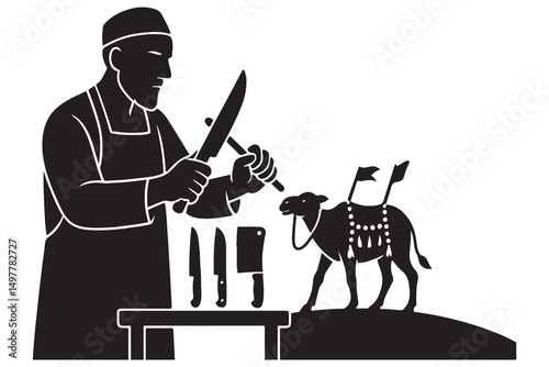Butcher preparing meat with camel illustration for food industry and graphic design projects use, black style silhouette, Butcher preparing to slaughter a camel for religious ceremony