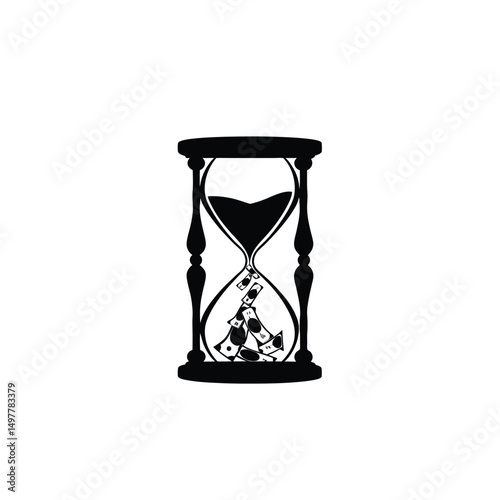 Silhouette of hourglass with money on white background