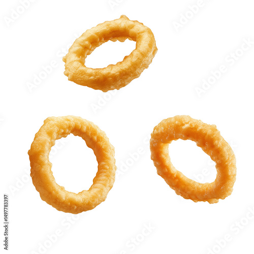 Onion rings flying isolated on white background. Fried delicious onion rings floating isolated.