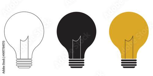 Lightbulb icon set. Electric lamp, electricity, light.  Yellow and Black colors.  Vector illustration. 