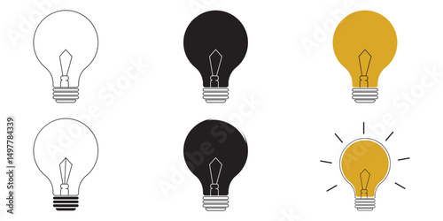 Lightbulb icon set. Electric lamp, electricity, light.  Yellow and Black colors.  Vector illustration. 