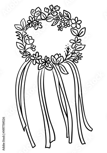 Vector illustration of a floral wreath with leaves, flowers and long ribbons on white background. Romantic and festive concept symbolizing celebration, nature and femininity in hand drawn style