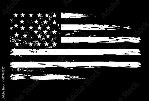 Grunge American flag set, distressed texture, white on black background, vector illustration, retro, element