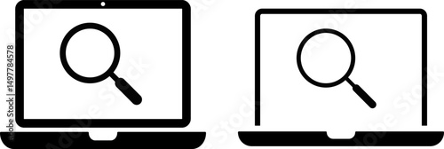 laptop with search icon. find information idea. Screen and Magnifying Glass icon. programming analysis. online update support. Browser symbol
