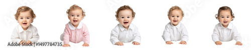 photo realistic full body of a 7 month old polish baby girl with light curls, white shirt, lying and giggling, on white background, centered ,   no grunge, splash, dust   p 31v7rvw