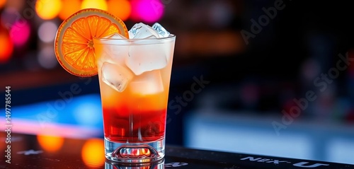 Iced cocktail in stemmed glass, garnished with orange slice, digestif, garnish