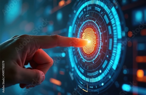 Biometric security concept, fingerprint scanner technology. Hand touching digital screen, ai, cyber protection, authentication, secure access. Innovation identity defense, data privacy. photo