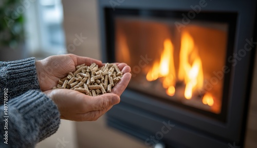 Hands holding wood pellets by a warm fireplace.