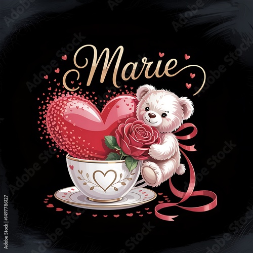Love's Adoration: A charming depiction of a teddy bear, a red rose, and a heart, harmoniously arranged in a cup. The name 