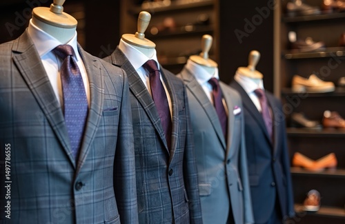 Men suits on display in modern boutique. Stylish formal wear, jackets with ties, suitable prom or business meeting. Tailored clothing, fabric patterns. Luxury apparel shop, fashion style, retail.