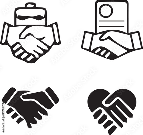 Handshake Illustration: A set of four minimalist illustrations depicting handshakes, symbolizing various aspects of agreement, teamwork, and collaboration.