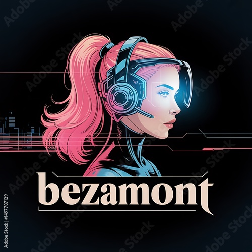 Cyberpunk Woman: A cyberpunk-inspired portrait of a woman wearing futuristic virtual reality headset, with bright pink hair against a sleek black background.