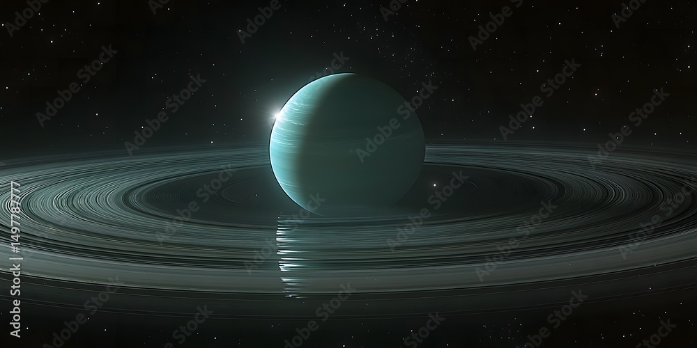 Fototapeta premium A teal planet with rings in a dark starry space with a light source at the top left corner