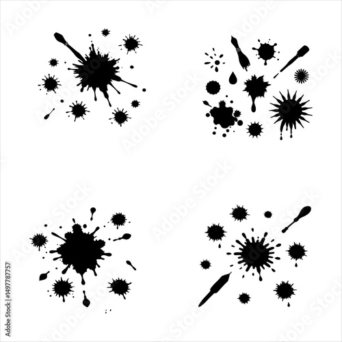 Black ink splatter set with paintbrush silhouettes
