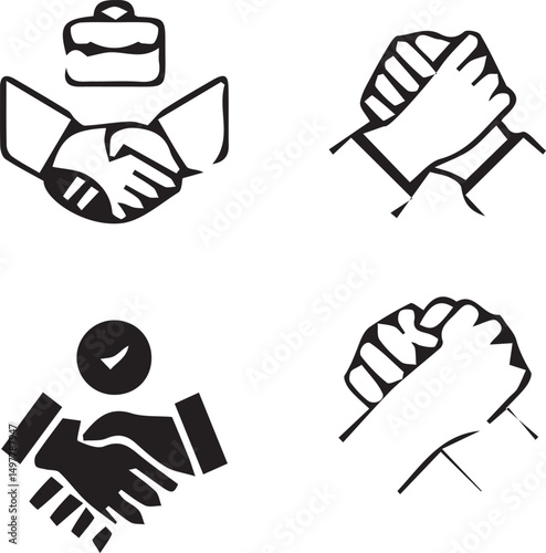 Business Deal Icon Set: Four distinct handshaking icons symbolizing business partnership, agreement, and collaboration.  Perfect for illustrating concepts of deal-making, cooperation.