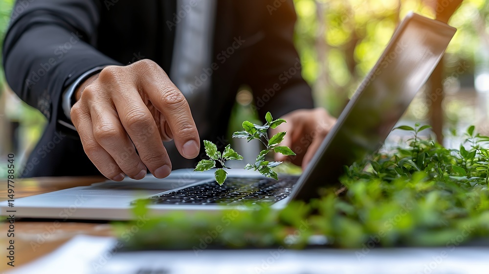 Fototapeta premium Laptop with Plant on Keyboard