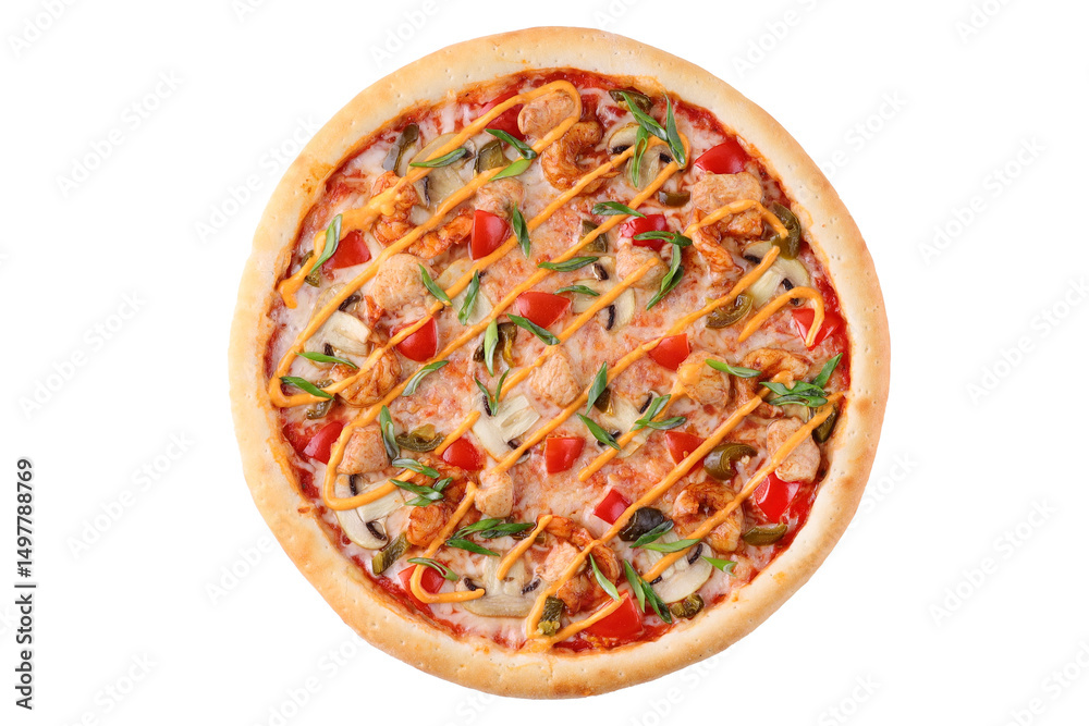 Indulge in a Delicious Gourmet Pizza, topped with Fresh Ingredients and Drizzled Sauce Indulge in a Delicious Gourmet Pizza, topped with Fresh Ingredients and Drizzled Sauce