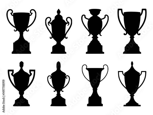 Silhouettes of various trophy cup designs on white background