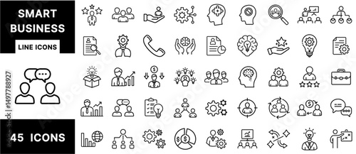 Smart Business Line Icons Set – Leadership, Innovation, HR, Teamwork, Strategy, Communication, Growth, and Productivity Symbols in Minimal Style