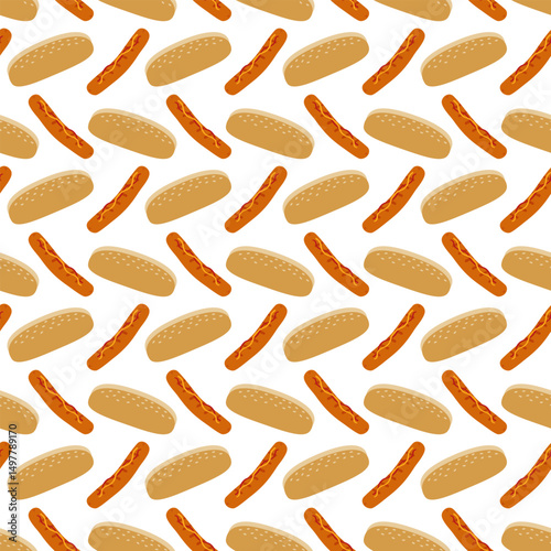 Doodle Grilled sausage with mustard and Ketchup and sesame bun Seamless Pattern Fast Food Background