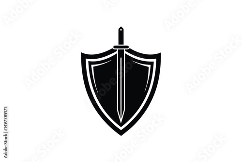 Black silhouette shield and sword logo design graphic