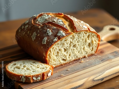 Artisan Sourdough Bread Loaf Sliced on Rustic Wooden Board, showcasing its airy crumb texture and slightly moldy crust for baking enthusiasts and food bloggers. photo
