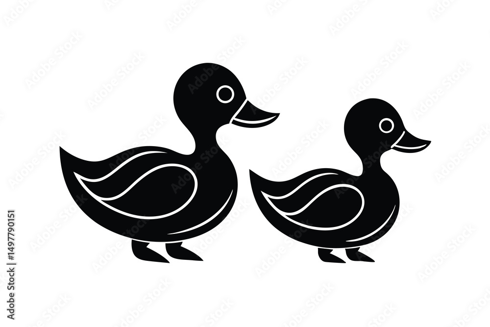 Obraz premium Two cute duck silhouettes adult and baby birds
