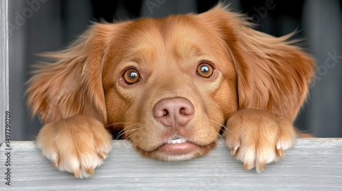 Adorable brown puppy with expressive eyes resting its chin on a wooden surface photo