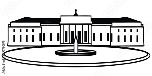 Iconic government building with majestic central fountain in timeless illustration