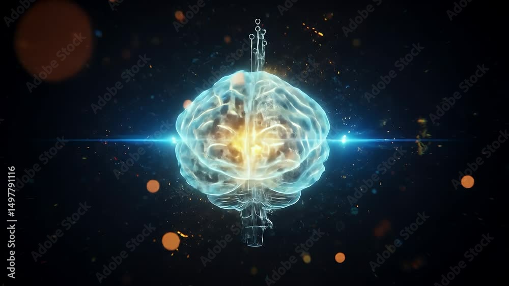 Futuristic Abstract Representation of a Human Brain Illuminated by Digital Light Effects