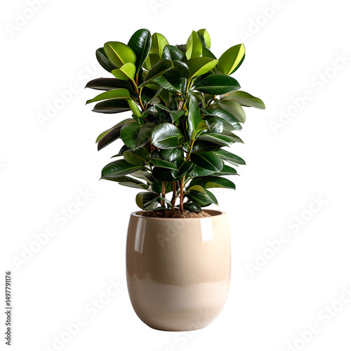 Rubber plant in a tall oval pot displayed on isolated transparent background indoor plants