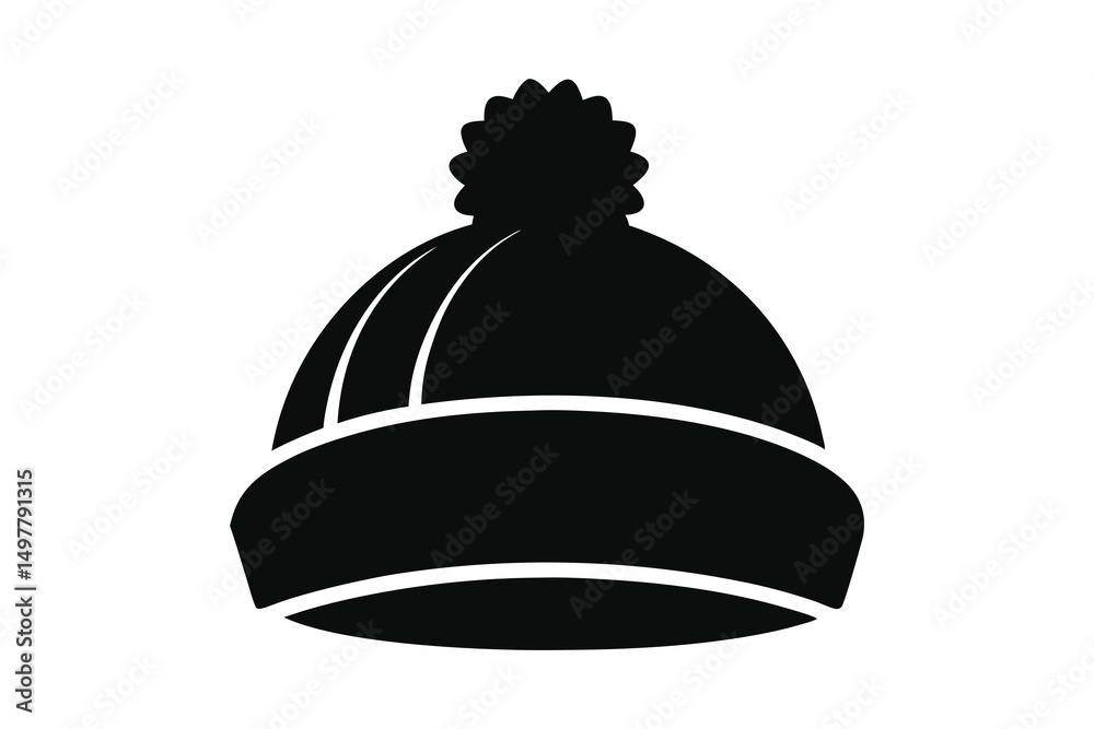 Naklejka premium Silhouette of a stylish black winter hat with a fluffy pompom on top