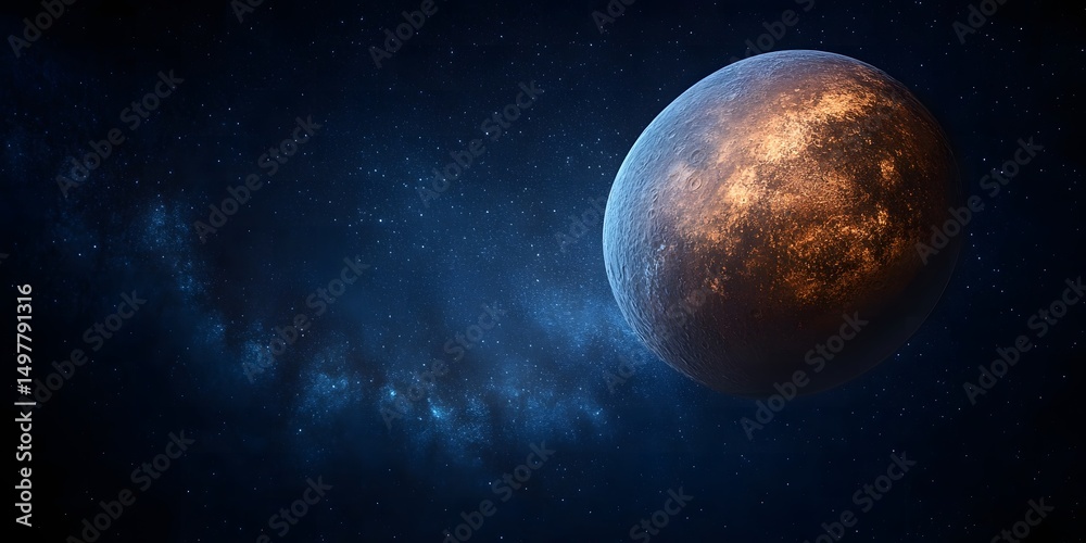 Fototapeta premium A distant planet with an orange glow surrounded by a dark blue nebula and twinkling stars