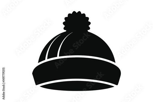 Silhouette of a stylish black winter hat with a fluffy pompom on top