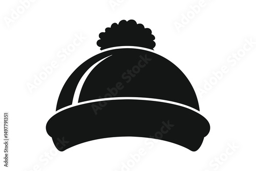 Silhouette of a stylish black winter hat with a fluffy pompom on top