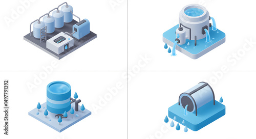 Water Treatment Plant Isometric Icons Showing Purification and Distribution Process