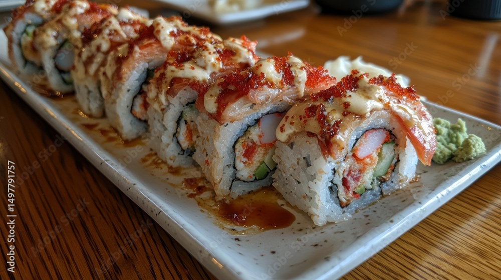 Sushi roll with salmon, crab, and sauce Sushi roll with salmon, crab, and sauce