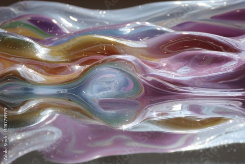 Abstract painting on mirror surface, distorted reflections, colorful palette